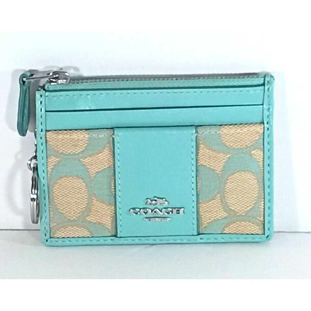 Coach CT994 Mini Skinny ID Case Signature Jacquard Faded Blue Teal Card Wallet